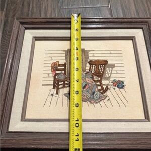 Framed Vintage Needlepoint Girl and Chairs Wall Art - Brown Frame